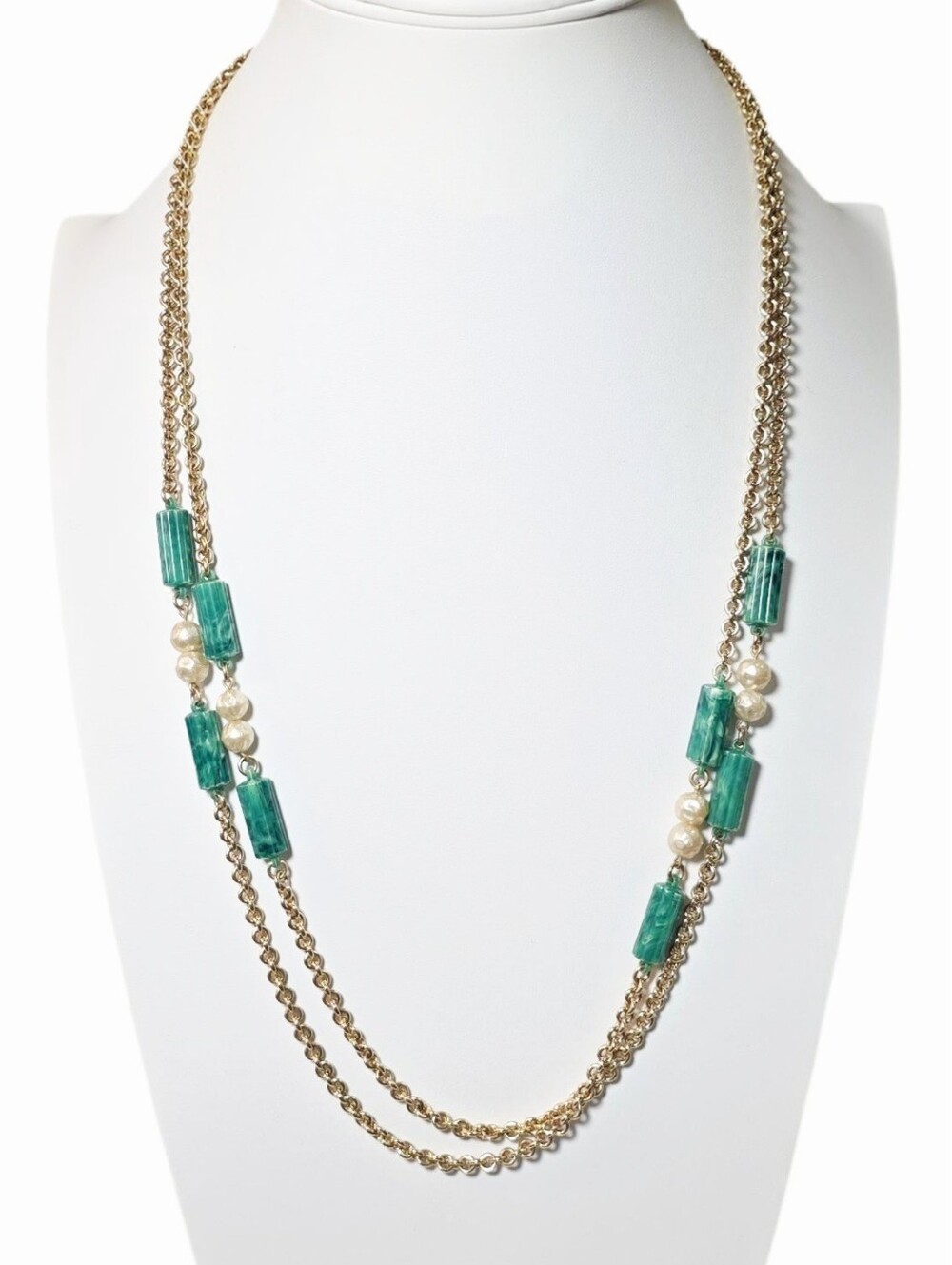 Vintage Green Barrel Beads and Pearls Gold-Tone Long Necklace - Marked Germany